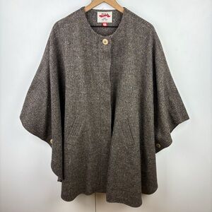 Avoca 100% Irish Wool Herringbone Cape Poncho Jacket Coat Tan Brown